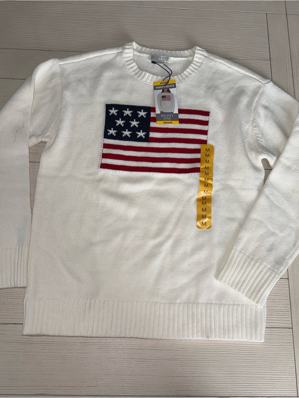 Mighty Fine White Crewneck Sweater with Red & Blue Flag Patch